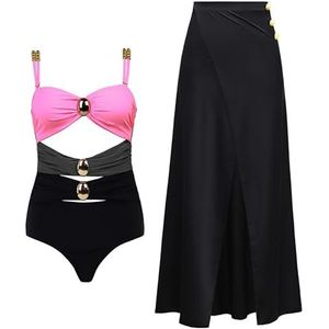 Badpak voor dames, met strandbedekkende wikkelrok, buikcontrole, badjurk voor dames, tweedelig badpak, Zwart+roze, L
