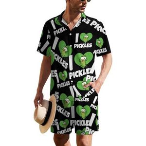 I Love Pickles grappige Hawaiiaanse herenpakset, 2-delig, strandoutfit, shirt en korte broek, bijpassende set