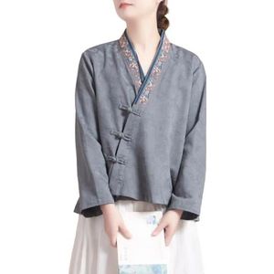 Chinese Stijl Retro Katoen Linnen Top Dames Plus Size Borduren Traditionele Hanfu Blouse Lange Mouw Flowy Shirt (Color : Gray, Size : 3XL)