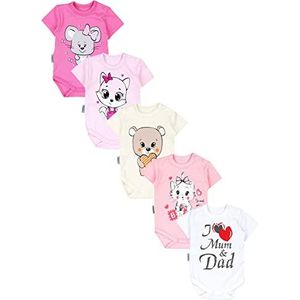 TupTam Baby Rompertjes met Opdruk en Korte Mouw Set van 5, I love Mum Dad/Wit/Kat/Muis/Roze/Beer/Ecru, 98