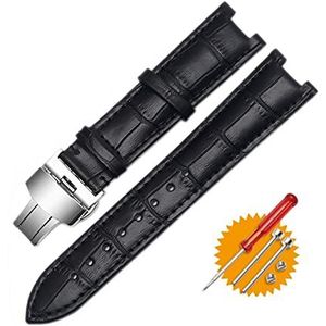 Echt Lederen Horlogeband for GC Polsband 22x13mm 20x11mm Notched Strap Withstainless Stalen Vlindergesp (Color : Black silver, Size : 22-13mm)