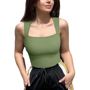 Mouwloze Tanktops Met Buikcontrole, Body's, Naadloze Body Met Hoge Taille En Vierkante Hals, Sexy Mouwloze Geribbelde Body Met Buikcontrole En Korte Mouwen(Green B,XXL)