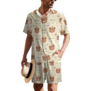 Schattige beer tribal boho heren Hawaiiaanse pak set 2-delig strand outfit korte mouw shirt en shorts bijpassende set