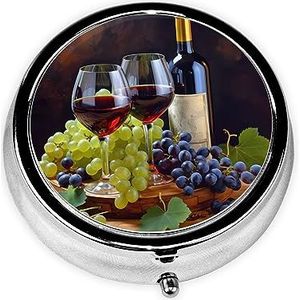 Kunst Rode Wijn Galsses & Druiven Print Ronde Pillendoos 3 Compartiment Draagbare Mini Pillen Case Metalen Pil Organizer Pil Container voor Pocket Portemonnee Kantoor Reizen