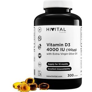 Vitamine D3 4000 IE. 300 parels voor 10 maanden behandeling. Natuurlijke vitamine D Colecalciferol met extra vergine olijfolie. Gefabriceerd in Europa door HIVITAL