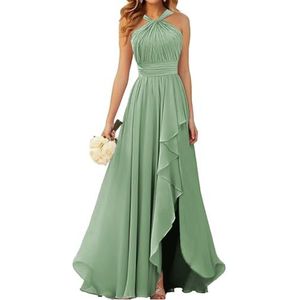 Halter Prinses Bruidsmeisjes Jurken Geplooide Galajurken Ruche Chiffon Split Formele Avond Party Gown ZM212, Sage Groen, 32