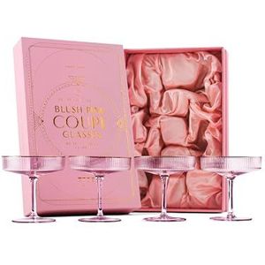 GLASSIQUE CADEAU Vintage Art Deco Blush Pink Coupe glazen met gouden rand, set van 4 | 200 ml kristal geribbeld cocktailglaswerk voor het drinken van champagne, martini, Cosmopolitan | Girly Speakeasy
