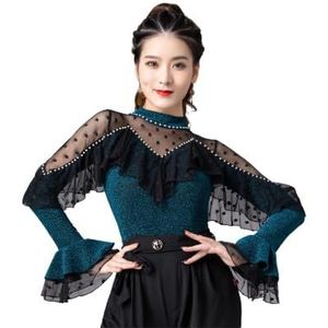 Yhsgscr Latin jumpsuit voor dames Trompetmouwen Salsa danskleding Tango danskostuum Cha Cha trainingsoutfit Mesh Splice Ballroom danskleding,Blauw,L