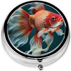 Rode vis zwemmen print ronde pillendoos schattige mini metalen pillendoosje met 3 compartimenten draagbare reizen pillendoos geneeskunde organizer voor zak portemonnee