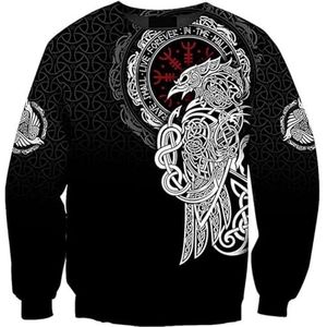 Nordic Valknut Odin Raven Sweatshirt, Unisex Viking 3D-geprint Rune Tattoo Casual Pullover Sweatshirt, Lente en Herfst Vegvisir Harajuku Street Pagan Top (Color : Crow E, Size : XXL)