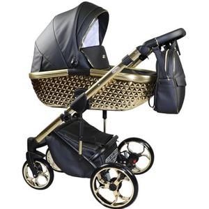 Ritmo Trio BBtwin kinderwagen kunstleer met gouden of zilveren accenten, 3-in-1 eco-leer, compleet met accessoires, zwart