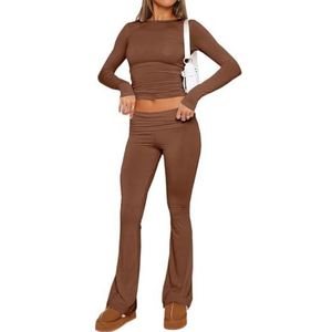 Women's 2 Piece Lounge Sets Fold-over Flare Pants, Cotton Long Sleeve Crop Top and Pants Casual Outfits Yoga Set (S,Brown)