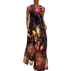 Fireworks Damesjurk, enkellang, slanke pasvorm, mouwloos, maxi-jurk, casual, zonnejurk, maat 4XL