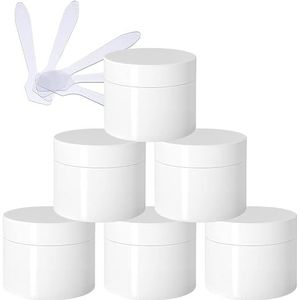 cosmetische potten 6 stuks, lege dikke glanzende witte plastic cosmetische potten van 50 ml met schroefdeksel, binnenvoering, monsterflessen for op reis + 6x spatels