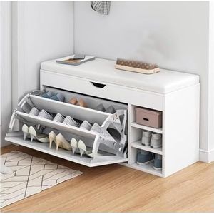 LQVAIPT Schoenbank met verborgen schoenenrek, zitbank met gevoerd schoenenrek van PU, meubels voor schoenen met moderne ingang (wit, 80 x 34 x 50 cm)