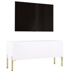 3E 3xE living.com TV-kast in mat wit / wit hoogglans met poten in goud, A: B: 100 cm, H: 52 cm, D: 32 cm. TV-meubel, tv-tafel, tv-bank