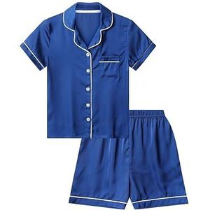 Meisjes Satijnen Korte Pyjama Set Zomer Zijden Pjs voor Kinderen, Blauw, 13-14 jaar