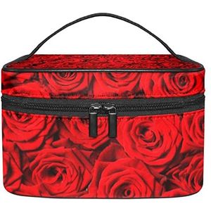 Make-up Organizer Bag, Reizen Make-up Tas Organizer Case Draagbare Cosmetische Tas voor Vrouwen en Meisjes Toiletries Romantische Rode Rose Bloemen Patroon, Meerkleurig, 22.5x15x13.8cm/8.9x5.9x5.4in