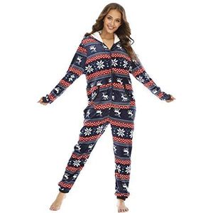 BERDITH Dames onesie uit zacht fleece, kerstkledij, dames kerstjumpsuit, eendelig, chique romper, nachtkledij met capuchon - blauw - Small