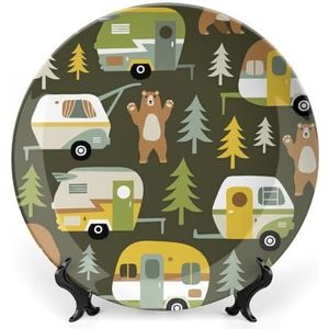 Bears Forest Camping Cars Funny Bone China Decoratieve Platen Craft met Display Stand Opknoping Wall Art Decor 6 inch