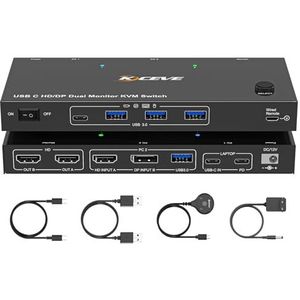 4K @60Hz USB C HDMI DP KVM Switch 2 PC 2 Monitoren voor 1 PC en 1 Laptop Delen van 2 Monitoren en 4 USB 3.0 Poorten, PD 60W voor Laptops, Dual Monitor KVM-Switch met Kabelafstandsbediening