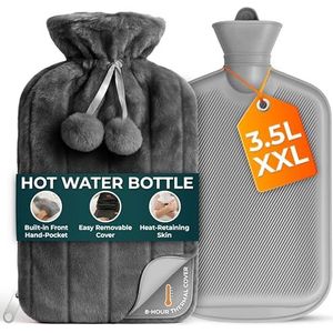 3,5L Grote Warmwaterkruik met Rits en Handzak - Grijs Warmwaterkruik met Imitatiebont voor Pijnverlichting en Warmte - Zachte en Wasbare Warmwaterzak voor Warme en Koude Kompressen (1 Stuk)