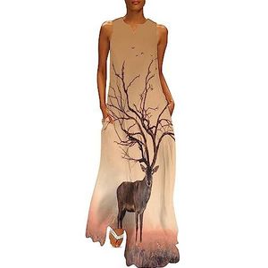 Dry Tree Like Red Deer Stag dames enkellengte jurk slanke pasvorm mouwloze maxi-jurken casual zonnejurk 5XL