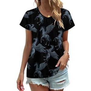 Pegasus zwart paard dames V-hals T-shirts schattige grafische korte mouw casual T-shirt tops L