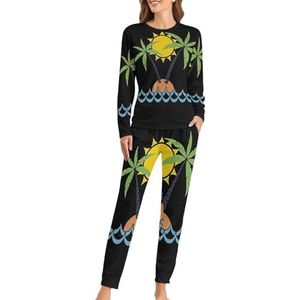 Karikatuur van palmboom op een klein eiland grappige pyjama set voor vrouwen met lange broek zachte loungewear pyjama set nachtkleding