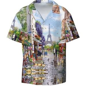 OdDdot Paris Street Scene Eiffeltoren Print Heren Jurk Shirts Atletische Slim Fit Korte Mouw Casual Business Button Down Shirt, Zwart, L
