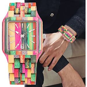 Handgemaakt Kleurrijke Wood Horloge Heren Kalender Datum Uniek Rechthoek Dial Mens Horloge Women Mode Woody Band Quartz Polshorloge Huwelijksgeschenken (Color : Ebony Wood)