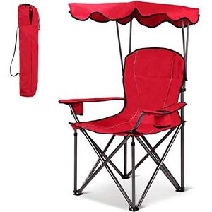 COSTWAY Campingstoel, opvouwbaar met zonwering, klapstoel met bekerhouders, visstoel XXL, tot 120 kg belastbaar, vouwstoel met draagtas, voor kamperen, vissen (rood)