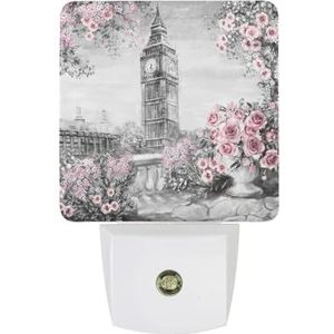 Britse Big Ben met Roze Bloemen Warm Wit Nachtlampje Plug In Muur Schemering naar Dawn Sensor Lichten Binnenshuis Trappen Hal