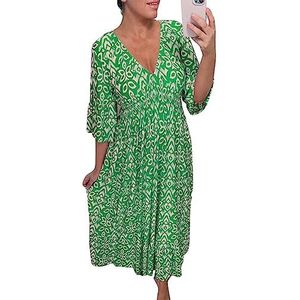 MAOAEAD Boheemse casual print V-hals elastische taille wrap lange jurk, elegante print maxi-jurk voor vrouwen zomer losse ruches mouwen strandjurken, Groen, L