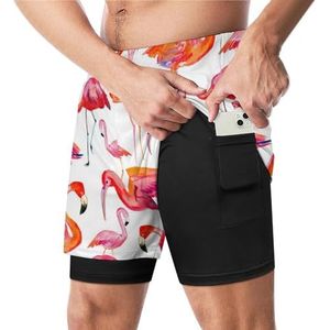Pink Fire Flamingo Grappige Zwembroek met Compressie Liner & Pocket Voor Mannen Board Zwemmen Sport Shorts
