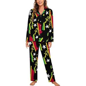 Rood Zwart Groen Afrika Kaart Ankh Vrouwen Lange Mouw Button Down Nachtkleding Zachte Nachtkleding Lounge Pyjama Set S
