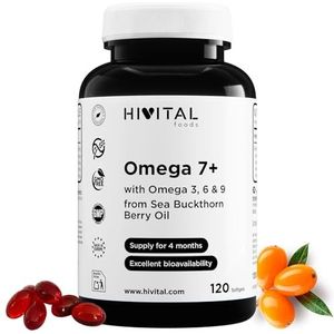 Omega 7 Duindoorn 500 mg. 120 softgels voor 4 maanden kuur. Met 150 mg Omega 7 + 3, 6 en 9 uit Hippophae Rhamnoides Olie. Gefabriceerd in Europa door HIVITAL