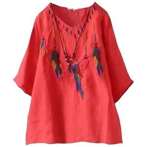 Dvbfufv Dames zomer vintage losse geborduurde V-hals truien blouses dames mode korte mouw T-shirt tops, Rood, L