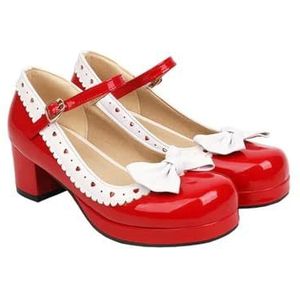 Klassieke Fashion Woman's Block Heel Classic Lolita Schoenen Leuke Strik Strap Gesp Vintage Mary Jane Schoen Patent Lederen Platform Pumps, rood, 35 EU