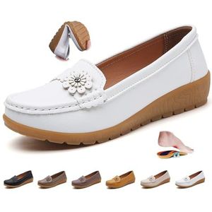 Vrouwen Orthopedische Lederen Loafers, Dames Mocassins Rijden Mocs Comfort Slip-On Mode Boot Schoenen Wedge Hakken Verpleging Schoenen, Wit, 33 EU