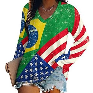 Brazilië En VS Vlag Vrouwen Lange Mouw V-hals T-shirts Herfst Tops Trui Tuniek Tee voor Leggings