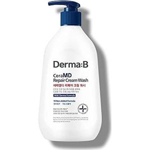 Derma B CeraMD Repair Cream Wash, Ongeparfumeerde, geurvrije, romige gezichts- en lichaamsreiniger voor een droge, gevoelige, jeukende huid, diepvochtige, parabenenvrije lichaamswas, crème tot schuimreiniger, 13,5 Fl. oz., 400ml