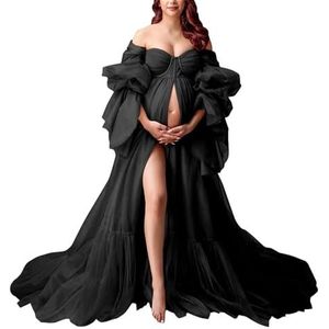 KIYNE Zwangerschapsjurk met lange mouwen voor fotoshoot, tule bruidsjurk, zwangerschapsjurk voor babyborrel, Zwart, 36