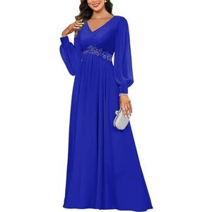 KIYNE Damesjurk met lange mouwen voor moeder van de bruid met kanten applicatie, V-hals, chiffon, formele feestjurk, koningsblauw, 32