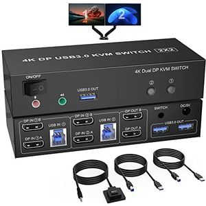 USB 3.0 KVM Switch 2 monitoren displayport 4K @60Hz Extended Display, Displayport Switch 2 PC 2 Monitor met audio-microfoonuitgang en 3 USB 3.0 poorten, toetsenbord muis pc-monitor switch 2 PC 2