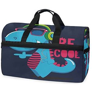 Dinosaurus blauwe muziek cartoon sport zwemmen gymtas met schoenen compartiment weekender duffel reistassen handtas voor vrouwen meisjes mannen