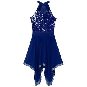 Danskostuums Dames onregelmatige zoom Latin hedendaagse jurk mouwloze pailletten Latin Jazz jurk ballet turnpakje met rokken prestatiekostuum (Color : Navy Blue, Size : M)