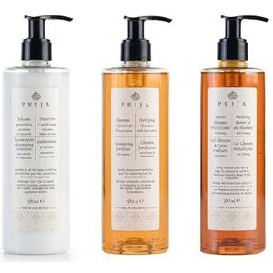 Prija - Haarverzorgingsset met Ginseng-extract - 3 x 380 ml Versterkende Shampoo, Shampoo voor Haar, Conditioner - Haar & Lichaam - Parabeenvrij - Gemaakt in Ialië -Dermatologisch getest