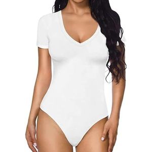 QKEPCY Dames V-hals korte mouwen bodysuit sexy turnpakje tops slim fit T-shirt stretch basic string bodysuit tee jumpsuit, Wit, L