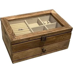 Sieradendoos Sieradenorganizer Sieradendoos Massief Hout Retro Verweerde Houten Sieraden Opbergdoos Met Doorzichtig Deksel Dubbellaags Sieradendoosje Voor Ringen Juwelendoos Sieradendoosje